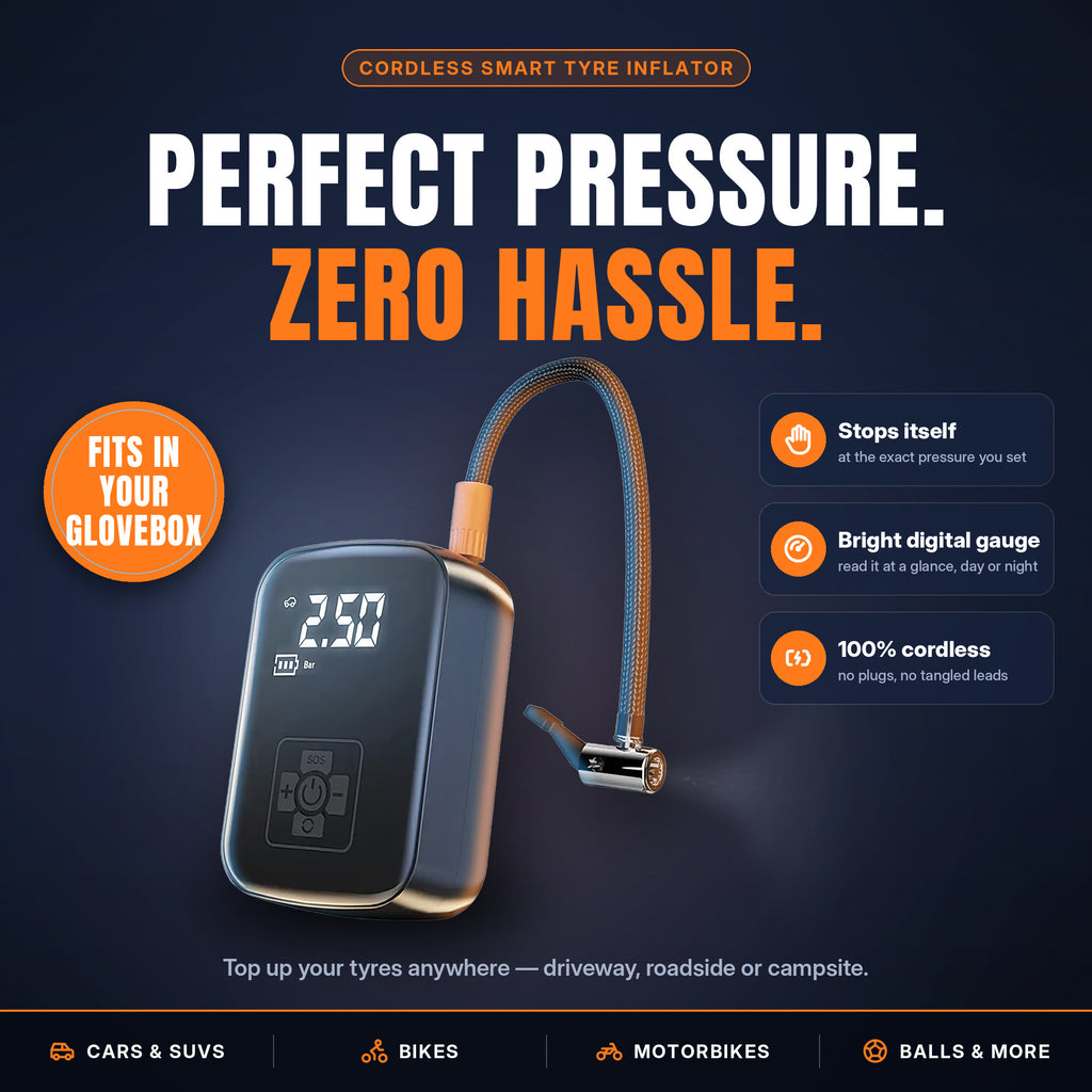 VoltAir cordless smart tyre inflator with braided hose and digital pressure display