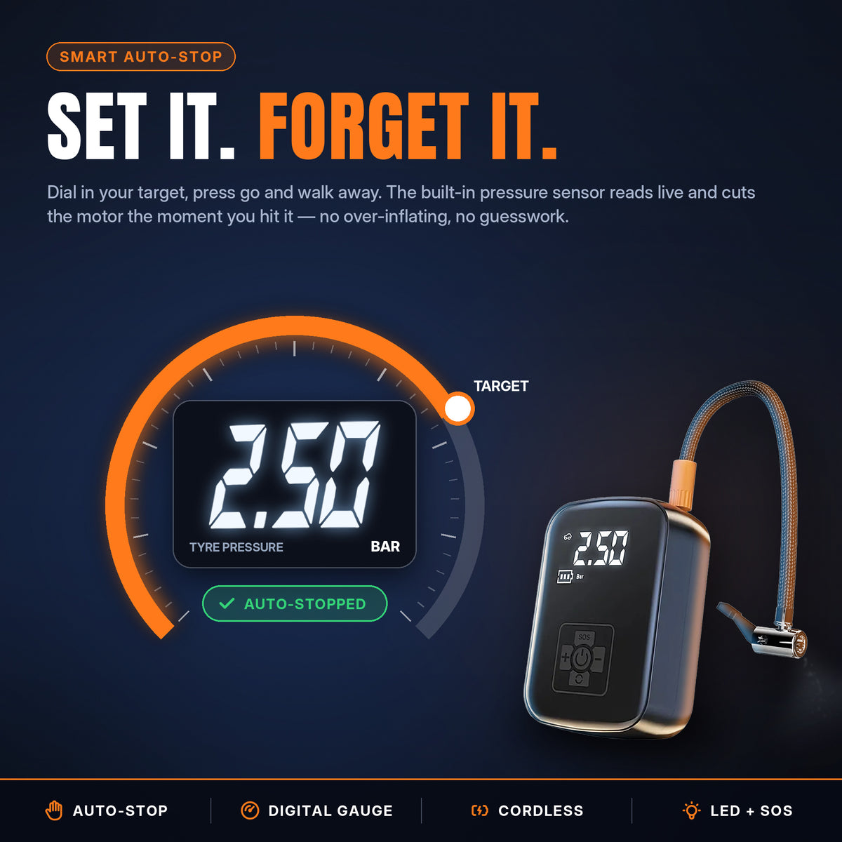 Smart auto-stop: the VoltAir switches off automatically at your target tyre pressure