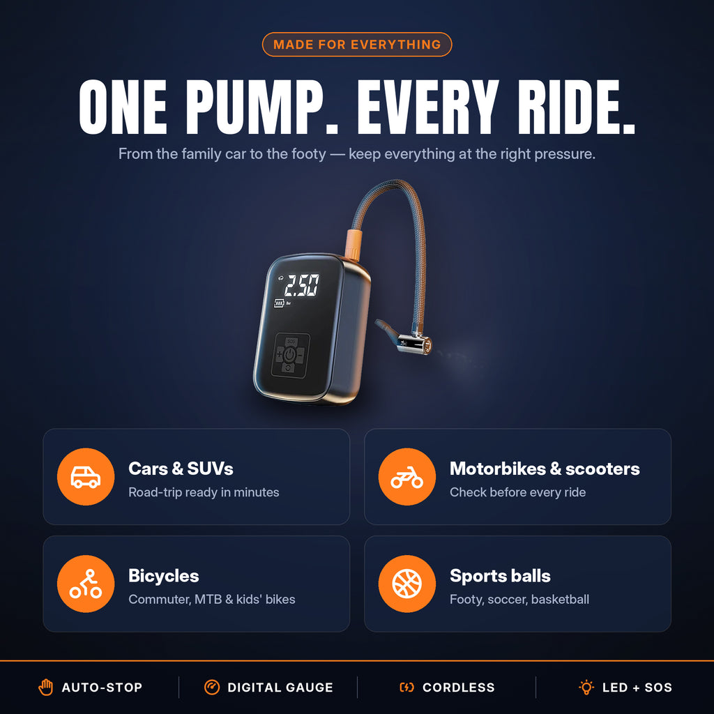 Inflates car, SUV, motorbike and bicycle tyres plus sports balls