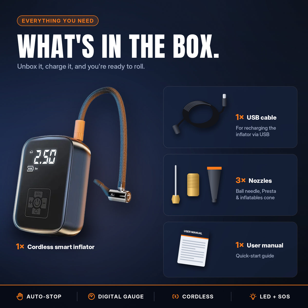 What's in the box: VoltAir inflator, charging cable, 3 nozzle adapters and user manual